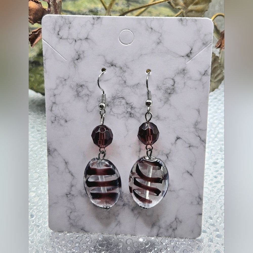 "5/$40" Art Glass Chocholate Brown Swirl Bead Dangle Silvertone Earrings